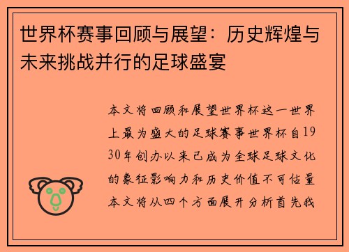 世界杯赛事回顾与展望：历史辉煌与未来挑战并行的足球盛宴