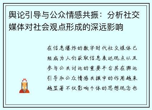 舆论引导与公众情感共振：分析社交媒体对社会观点形成的深远影响